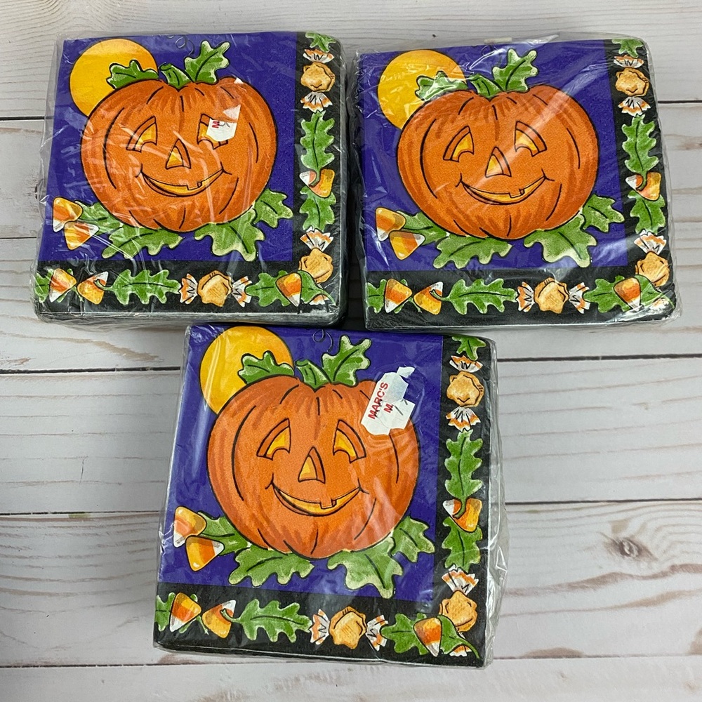 VTG 1998 Tracey Gibson Halloween Napkins Lot Of 3 Jack O Lantern Pumpkin USA